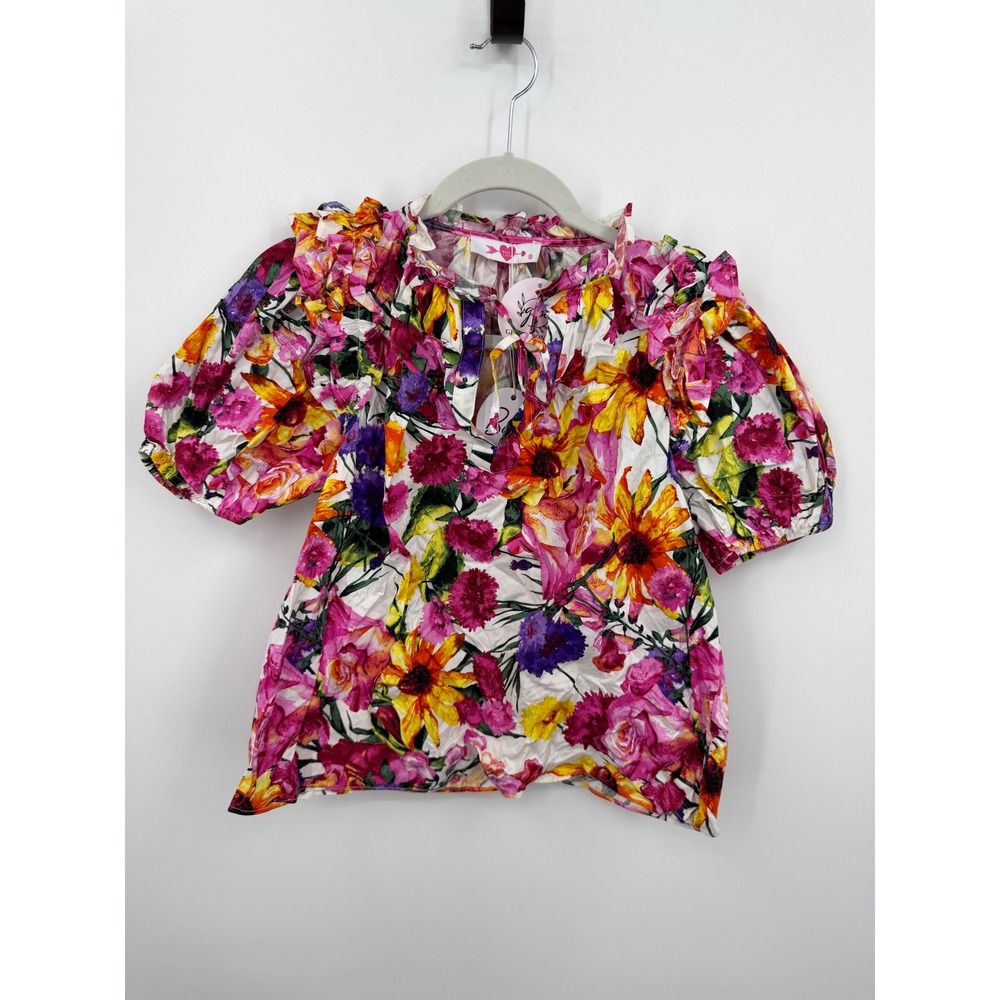 BuddyLove Lanay Derby Days Top Women XS Pink Floral Ruffle Puff Sleeve CG5200